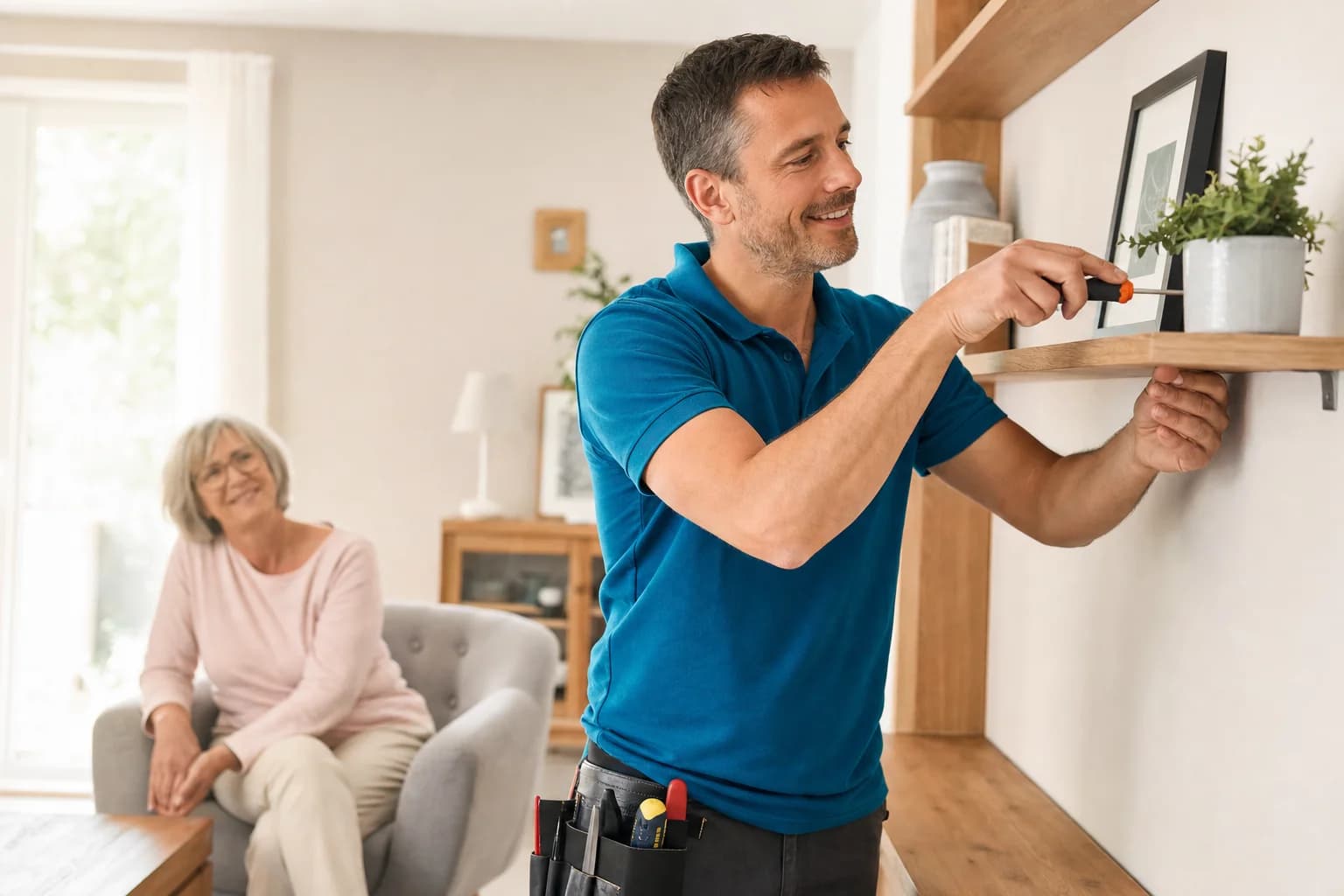 Bricoleur professionnel installant une étagère chez une cliente